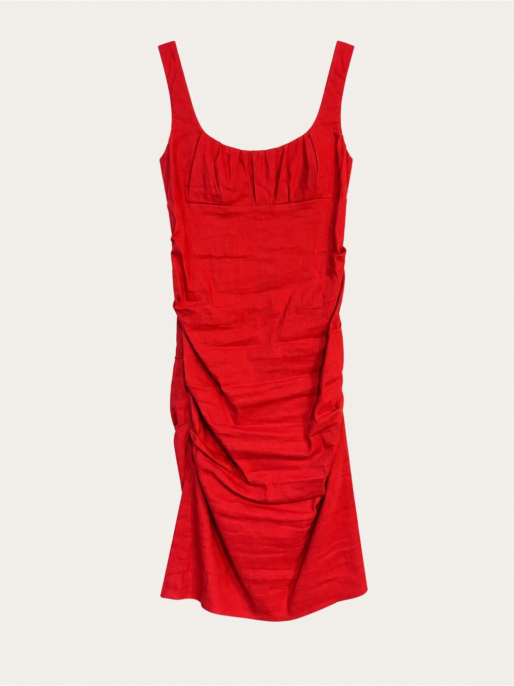 Nicole Miller Studio Coral Red Linen Blend Ruched Dress – Size 12